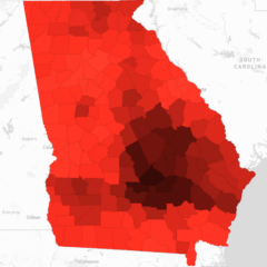 Map of Georgia by county showing annual number of extreme heat days